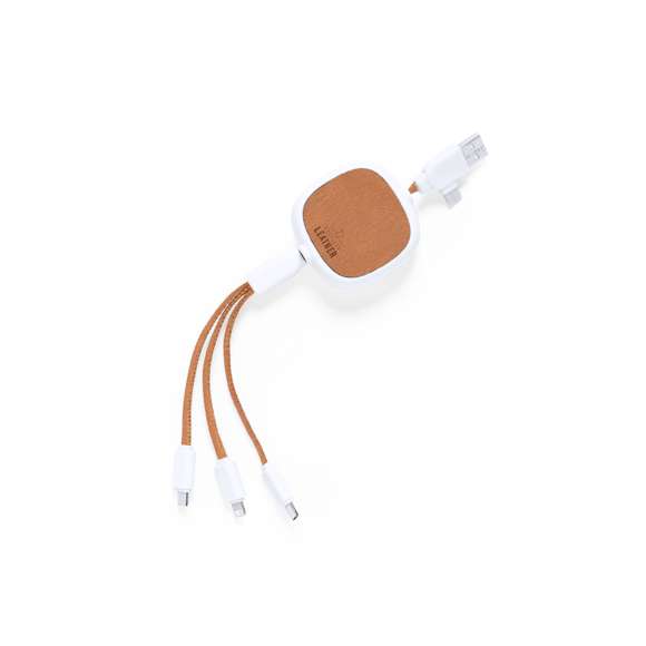 Cable cargador extensible de 1 m, fabricado en RABS y en elegante color blanco, con cables y detalles en cuero reciclado.Pieza central con cubierta en cuero reciclado y mecanismo interior que convierte al cable en extensible. Con conexiones de entrada Tipo C y USB y salidas Tipo C,Lightning y Micro USB. 5V DC 2.4AEl material RABS o ABS Reciclado y el cuero reciclado proceden del reciclado de artículos al final de su vida útil. Los materiales reciclados empleados incorporan la certificación RCS, que garantiza el origen reciclado de los mismos.