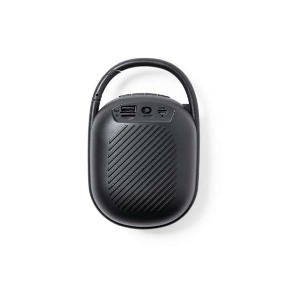 Potente altavoz Bluetooth® de 5W con luz multicolor. Portátil y fabricado en resistente material ABS de color negro mate, con rejilla y colgador integrado. Con luces LED multicolor y 5 posiciones de iluminación. Conexión Bluetooth 5.0 + EDR (tasa de transmisión de datos mejorada). Panel de control integrado en la parte superior del altavoz y completa conectividad, con función manos libres, puerto USB para reproducción desde una memoria USB, ranura para tarjeta micro SD (hasta 32GB) y función radio FM. Con batería de litio de 1.200 mAh y cable de carga Tipo C incluido. Placa integrada en la rejilla para fácil marcaje y presentado en caja individual de diseño kraft, con manual de instrucciones en español e inglés.