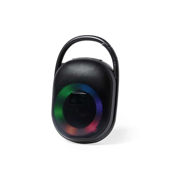 Potente altavoz Bluetooth® de 5W con luz multicolor. Portátil y fabricado en resistente material ABS de color negro mate, con rejilla y colgador integrado. Con luces LED multicolor y 5 posiciones de iluminación. Conexión Bluetooth 5.0 + EDR (tasa de transmisión de datos mejorada). Panel de control integrado en la parte superior del altavoz y completa conectividad, con función manos libres, puerto USB para reproducción desde una memoria USB, ranura para tarjeta micro SD (hasta 32GB) y función radio FM. Con batería de litio de 1.200 mAh y cable de carga Tipo C incluido. Placa integrada en la rejilla para fácil marcaje y presentado en caja individual de diseño kraft, con manual de instrucciones en español e inglés.
