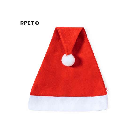 Divertido gorro de Papá Noel fabricado en RPET con suave banda y pom pom de color blanco.El material RPET se elabora a partir de plástico reciclado, para así fomentar la reutilización de residuos plásticos y ayudar a la sostenibilidad del planeta.