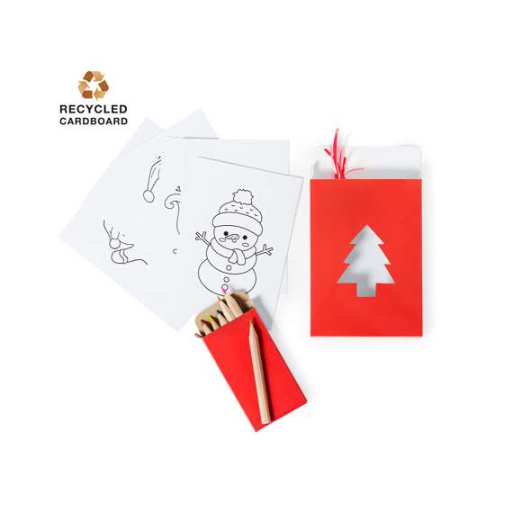 Set de adornos con 6 originales diseños navideños para colorear y decorar el árbol de navidad. Incluye 6 lápices de madera en diferentes colores. Fabricados en cartón y presentados en una bolsa reciclada.