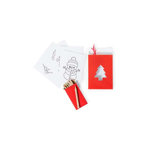 Set de adornos con 6 originales diseños navideños para colorear y decorar el árbol de navidad. Incluye 6 lápices de madera en diferentes colores. Fabricados en cartón y presentados en una bolsa reciclada.
