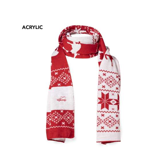 Divertida y cálida bufanda con motivos navideños. Un original regalo para lucir con estilo en navidad. Fabricada en suave poliéster acrílico y presentada en una bolsa individual reciclada. Cuenta con zona especial para el marcaje.