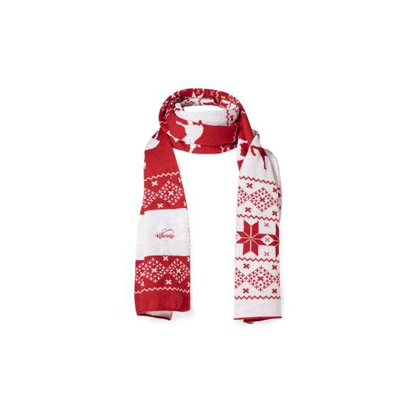 Divertida y cálida bufanda con motivos navideños. Un original regalo para lucir con estilo en navidad. Fabricada en suave poliéster acrílico y presentada en una bolsa individual reciclada. Cuenta con zona especial para el marcaje.