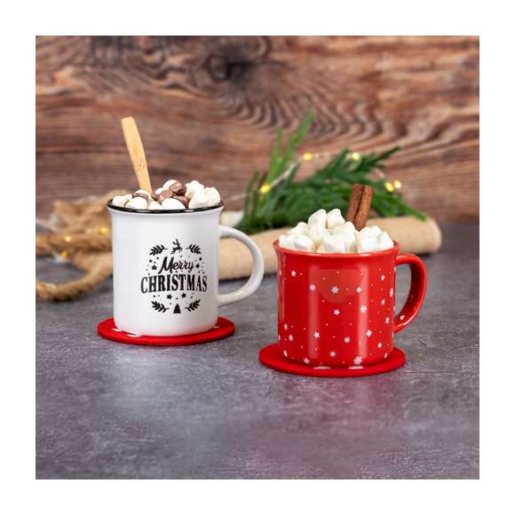 Taza de cerámica con diseño navideño vintage y 320 ml de capacidad, apta para microondas. Presentada en atractiva caja individual kraft.