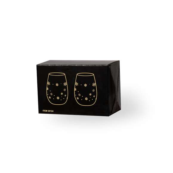 Set de 2 vasos con original diseño de copos de nieve y 500ml de capacidad. Fabricados en cristal, con área de marcaje especial en el frontal. Presentado en caja de diseño en color negro con ilustración en color dorado.