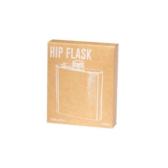 Petaca de 175 ml de capacidad con cuerpo de acero inox y tapón de seguridad a rosca. De diseño ergonómico para guardar cómodamente en el bolsillo. Presentada en caja individual de diseño eco en cartón kraft.