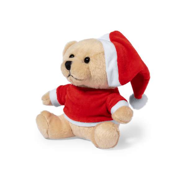 Tierno y suave oso de peluche con camiseta personalizable y original gorro de Papa Noel. Un divertido regalo con motivos navideños con el que sorprender. Presentado en bolsa individual reciclada.