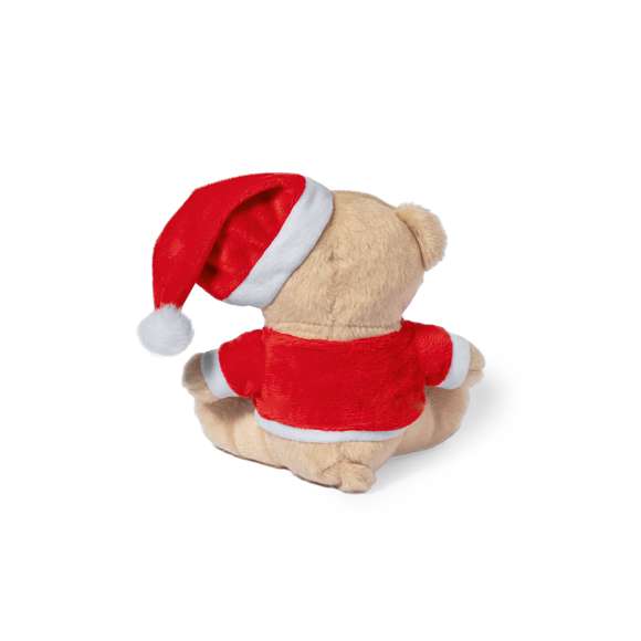 Tierno y suave oso de peluche con camiseta personalizable y original gorro de Papa Noel. Un divertido regalo con motivos navideños con el que sorprender. Presentado en bolsa individual reciclada.