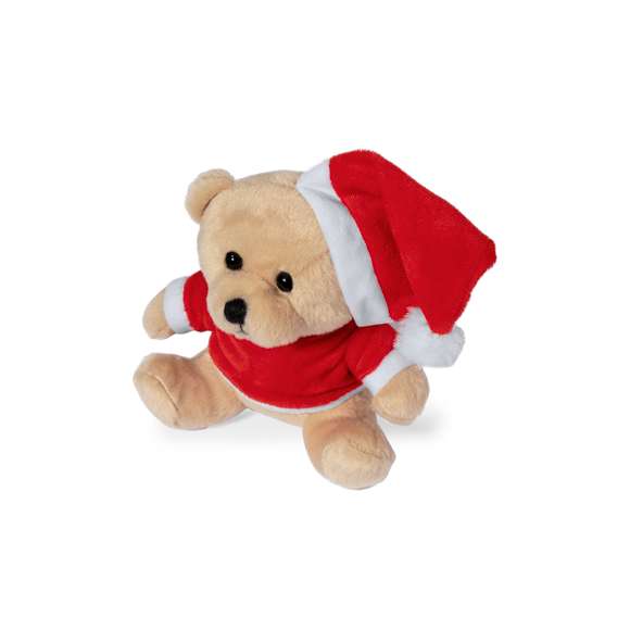 Tierno y suave oso de peluche con camiseta personalizable y original gorro de Papa Noel. Un divertido regalo con motivos navideños con el que sorprender. Presentado en bolsa individual reciclada.
