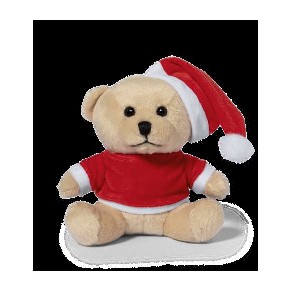 Tierno y suave oso de peluche con camiseta personalizable y original gorro de Papa Noel. Un divertido regalo con motivos navideños con el que sorprender. Presentado en bolsa individual reciclada.