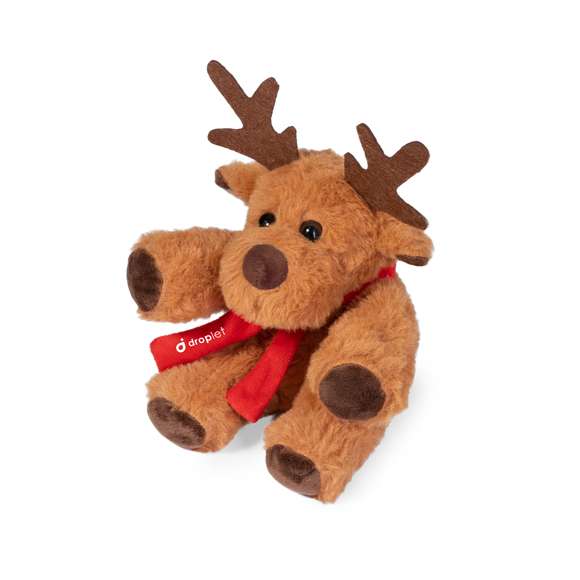 Tierno y suave reno de peluche con bufanda personalizable. Un divertido regalo con motivos navideños con el que sorprender. Presentado en bolsa individual reciclada.