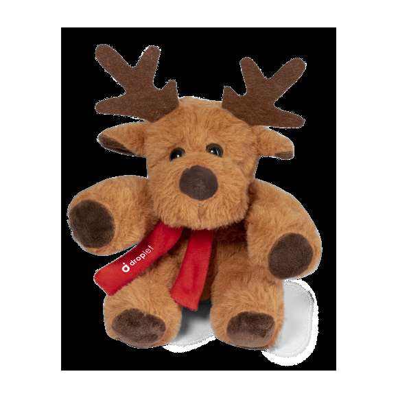 Tierno y suave reno de peluche con bufanda personalizable. Un divertido regalo con motivos navideños con el que sorprender. Presentado en bolsa individual reciclada.