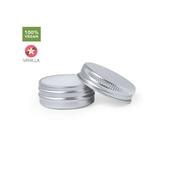 Bálsamo labial vegano dermatológicamente testado. Una alternativa 100% natural y de origen vegetal. Con aroma vainilla y protección SPF15. En tarrito de aluminio con tapa a rosca y acabado metalizado.