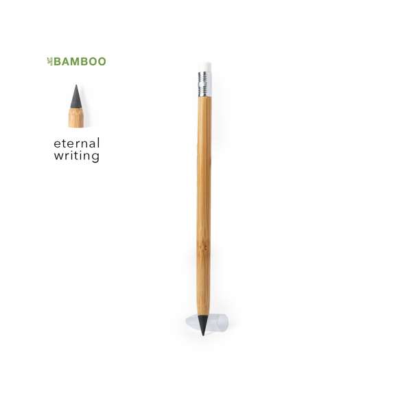 Lápiz eterno fabricado en bambú. Reutilizable y con escritura infinita, para así usar siempre el mismo lápiz y no generar residuos. Incluye goma de borrar en la parte superior del lápiz.Materiales como el bambú fomentan la utilización de materias primas naturales reduciendo las emisiones contaminantes. Además, el bambú proviene de una planta de gran resistencia y versatilidad, con crecimiento y regeneración rápida, siendo una excelente alternativa al uso de madera tradicional.