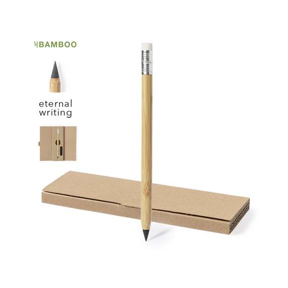 Lápiz eterno fabricado en bambú. Reutilizable y con escritura infinita, para así usar siempre el mismo lápiz y no generar residuos. Incluye goma de borrar en la parte superior del lápiz.Presentado en estuche individual troquelado de cartón reciclado que contiene lima afiladora. Materiales como el bambú fomentan la utilización de materias primas naturales reduciendo las emisiones contaminantes. Además, el bambú proviene de una planta de gran resistencia y versatilidad, con crecimiento y regeneración rápida, siendo una excelente alternativa al uso de madera tradicional.