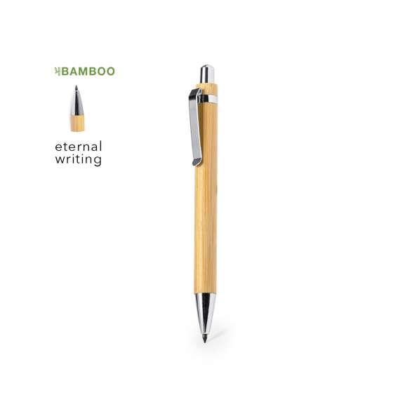 Lápiz eterno fabricado en bambú y accesorios cromados. Reutilizable y con escritura infinita, para así usar siempre el mismo lápiz y no generar residuos. Materiales como el bambú fomentan la utilización de materias primas naturales reduciendo las emisiones contaminantes. Además, el bambú proviene de una planta de gran resistencia y versatilidad, con crecimiento y regeneración rápida, siendo una excelente alternativa al uso de madera tradicional.