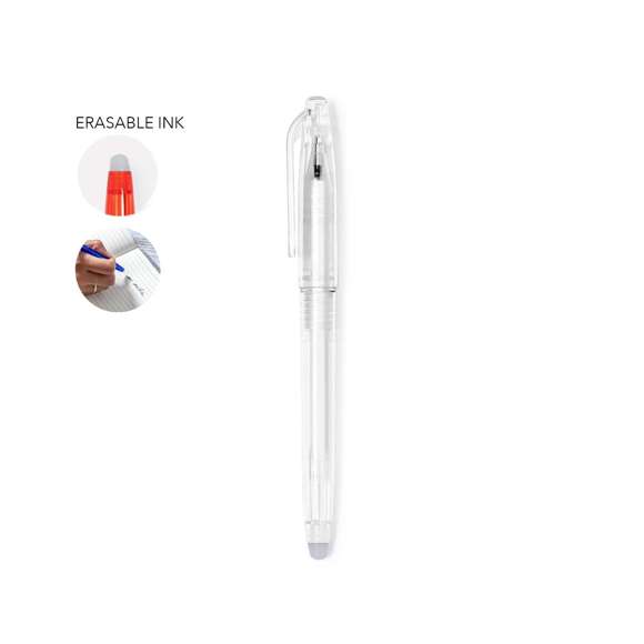 Bolígrafo borrable con el que disfrutar de una escritura fluida y dejar margen para el error. Permite escribir, borrar y reescribir sin dañar los documentos. De cartucho jumbo y en tinta azul. Fabricado en resistente ABS de acabado transparente y disponible en variada gama de colores.
