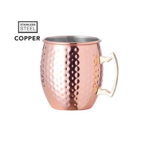 Taza de 500 ml de capacidad en acero inox con recubrimiento exterior de cobre galvanizado. Original diseño con acabado brillante, vintage y elegante. Presentada en exclusiva caja individual de diseño negra.
