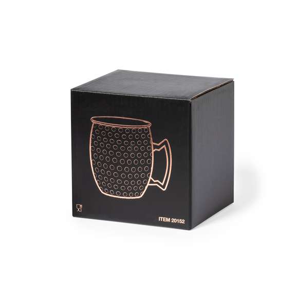Taza de 500 ml de capacidad en acero inox con recubrimiento exterior de cobre galvanizado. Original diseño con acabado brillante, vintage y elegante. Presentada en exclusiva caja individual de diseño negra.
