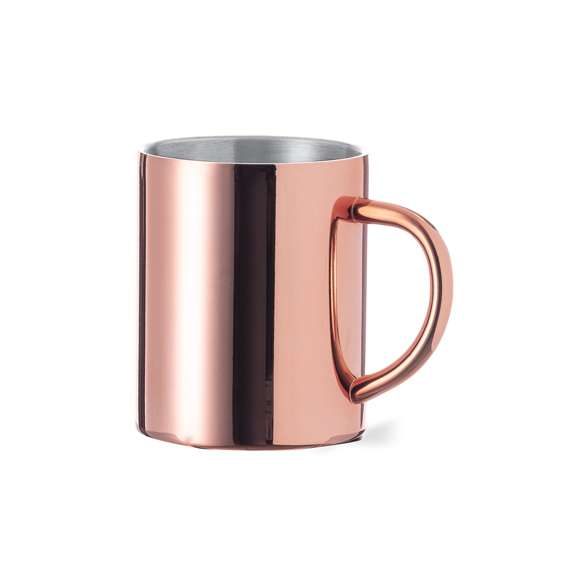 Taza de 280 ml de capacidad en acero inox de doble pared con recubrimiento exterior de cobre galvanizado. Innovador diseño con acabado brillo. Presentada en exclusiva caja individual de diseño negra.