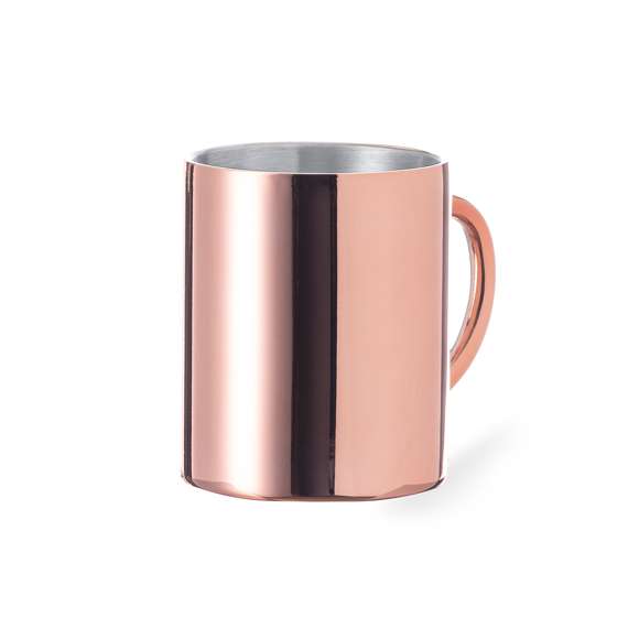 Taza de 280 ml de capacidad en acero inox de doble pared con recubrimiento exterior de cobre galvanizado. Innovador diseño con acabado brillo. Presentada en exclusiva caja individual de diseño negra.
