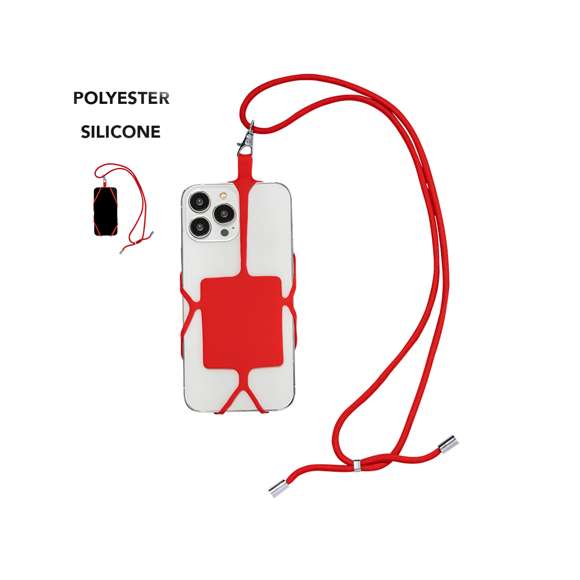 Original lanyard portamóvil en resistente poliéster y flexible silicona. Con accesorio de transporte para todo tipo de smartphones, capaz de ajustarse a todas las pantallas. Ajustador en cuello y extremos de cordones en acabado cromado. Incluye amplia zona de marcaje. Disponible en variada gama de colores.