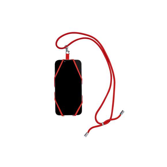 Original lanyard portamóvil en resistente poliéster y flexible silicona. Con accesorio de transporte para todo tipo de smartphones, capaz de ajustarse a todas las pantallas. Ajustador en cuello y extremos de cordones en acabado cromado. Incluye amplia zona de marcaje. Disponible en variada gama de colores.