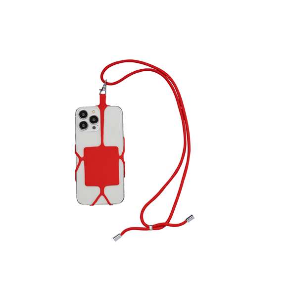 Original lanyard portamóvil en resistente poliéster y flexible silicona. Con accesorio de transporte para todo tipo de smartphones, capaz de ajustarse a todas las pantallas. Ajustador en cuello y extremos de cordones en acabado cromado. Incluye amplia zona de marcaje. Disponible en variada gama de colores.