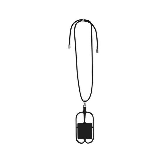 Original lanyard portamóvil en resistente poliéster y flexible silicona. Con accesorio de transporte para todo tipo de smartphones, capaz de ajustarse a todas las pantallas. Ajustador en cuello y extremos de cordones en acabado cromado. Incluye amplia zona de marcaje. Disponible en variada gama de colores.