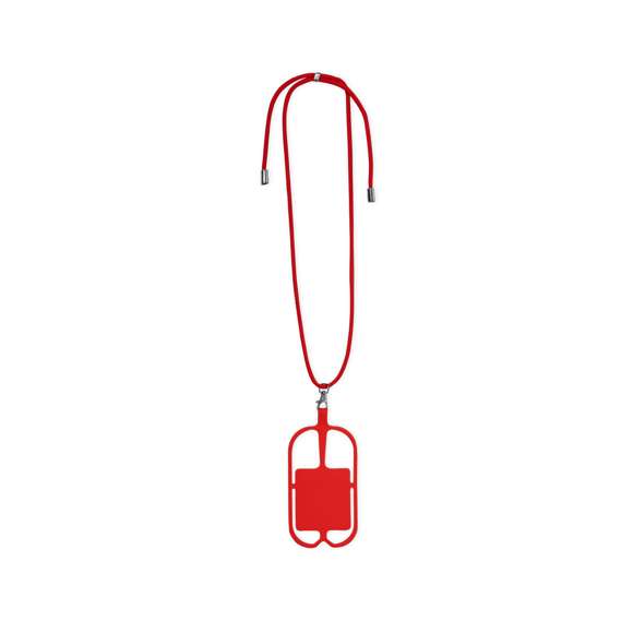 Original lanyard portamóvil en resistente poliéster y flexible silicona. Con accesorio de transporte para todo tipo de smartphones, capaz de ajustarse a todas las pantallas. Ajustador en cuello y extremos de cordones en acabado cromado. Incluye amplia zona de marcaje. Disponible en variada gama de colores.