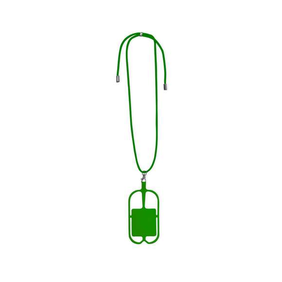 Original lanyard portamóvil en resistente poliéster y flexible silicona. Con accesorio de transporte para todo tipo de smartphones, capaz de ajustarse a todas las pantallas. Ajustador en cuello y extremos de cordones en acabado cromado. Incluye amplia zona de marcaje. Disponible en variada gama de colores.