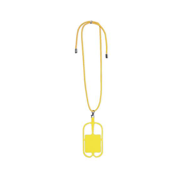 Original lanyard portamóvil en resistente poliéster y flexible silicona. Con accesorio de transporte para todo tipo de smartphones, capaz de ajustarse a todas las pantallas. Ajustador en cuello y extremos de cordones en acabado cromado. Incluye amplia zona de marcaje. Disponible en variada gama de colores.