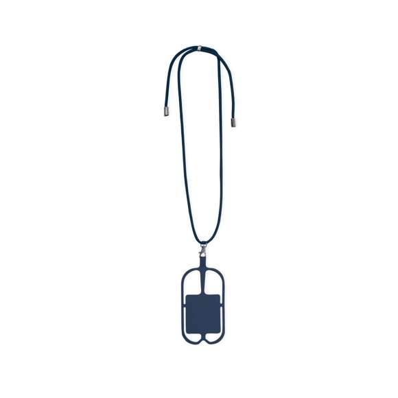 Original lanyard portamóvil en resistente poliéster y flexible silicona. Con accesorio de transporte para todo tipo de smartphones, capaz de ajustarse a todas las pantallas. Ajustador en cuello y extremos de cordones en acabado cromado. Incluye amplia zona de marcaje. Disponible en variada gama de colores.