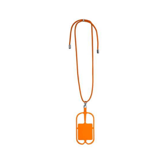 Original lanyard portamóvil en resistente poliéster y flexible silicona. Con accesorio de transporte para todo tipo de smartphones, capaz de ajustarse a todas las pantallas. Ajustador en cuello y extremos de cordones en acabado cromado. Incluye amplia zona de marcaje. Disponible en variada gama de colores.