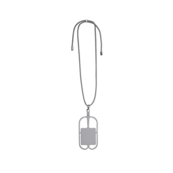 Original lanyard portamóvil en resistente poliéster y flexible silicona. Con accesorio de transporte para todo tipo de smartphones, capaz de ajustarse a todas las pantallas. Ajustador en cuello y extremos de cordones en acabado cromado. Incluye amplia zona de marcaje. Disponible en variada gama de colores.