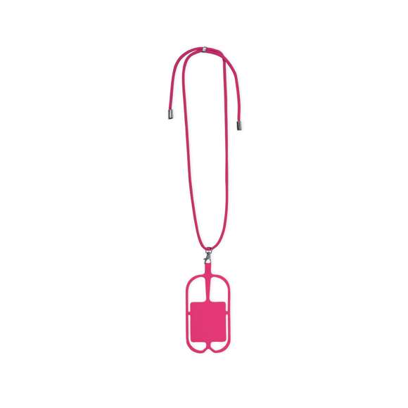 Original lanyard portamóvil en resistente poliéster y flexible silicona. Con accesorio de transporte para todo tipo de smartphones, capaz de ajustarse a todas las pantallas. Ajustador en cuello y extremos de cordones en acabado cromado. Incluye amplia zona de marcaje. Disponible en variada gama de colores.