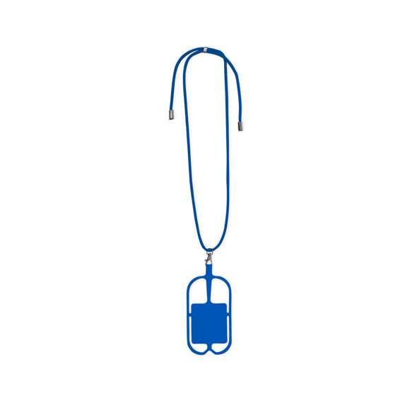 Original lanyard portamóvil en resistente poliéster y flexible silicona. Con accesorio de transporte para todo tipo de smartphones, capaz de ajustarse a todas las pantallas. Ajustador en cuello y extremos de cordones en acabado cromado. Incluye amplia zona de marcaje. Disponible en variada gama de colores.