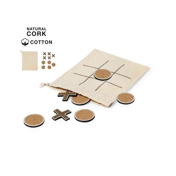 Juego tres en raya fabricado en corcho natural. Incluidas 5 fichas circulares y 5 fichas en cruz. Presentado en bolsa de algodón con cierre de cordón que sirve como tablero para jugar.