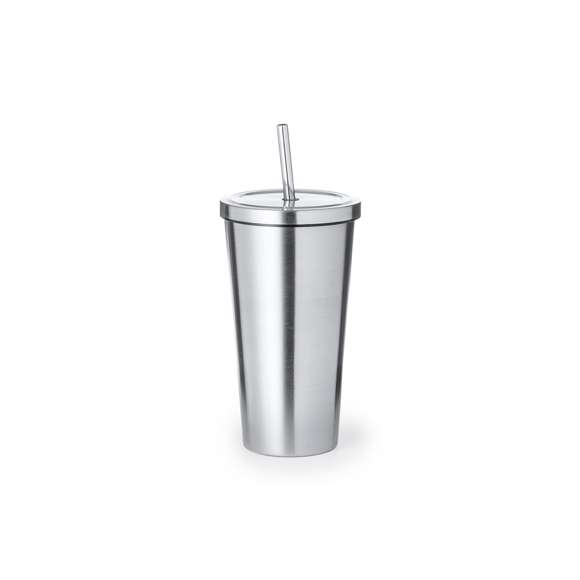 Elegante vaso térmico de acero inoxidable de doble pared y 600 ml de capacidad. De acabado mate, con tapa a rosca y pajita a juego. Presentado en caja individual de diseño kraft.