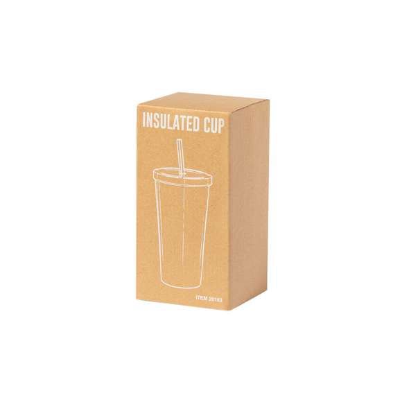 Elegante vaso térmico de acero inoxidable de doble pared y 600 ml de capacidad. De acabado mate, con tapa a rosca y pajita a juego. Presentado en caja individual de diseño kraft.