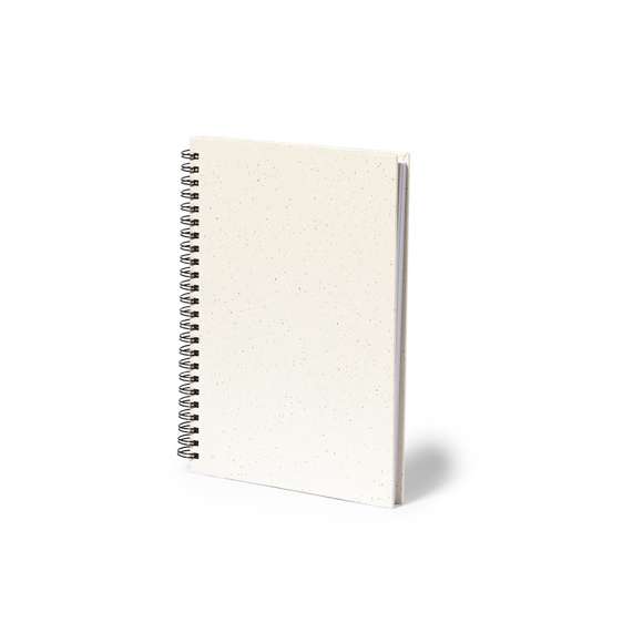 Libreta de anillas A5 con tapas duras en resistente cartón reciclado. Interior con 80 hojas blancas lisas y 100% recicladas microperforadas. Presentada en bolsa individual reciclada.