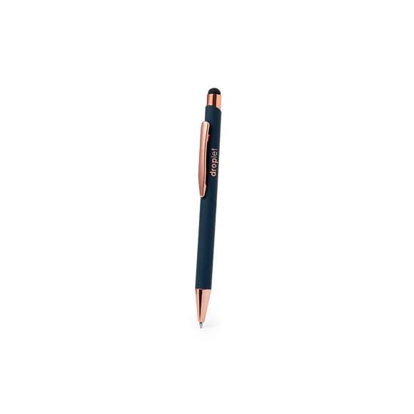 Bolígrafo puntero de tacto goma especialmente diseñado para el marcaje en láser con logotipo en color rosado. De mecanismo pulsador, con clip metálico y accesorios en acabado cobre. Cuerpo disponible en 4 distinguidos colores, de cartucho jumbo y en tinta azul.Presentado en elegante caja de diseño negra.