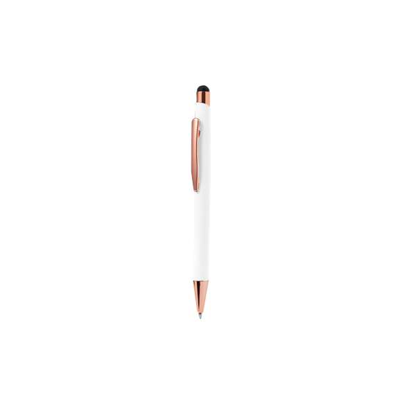 Bolígrafo puntero de tacto goma especialmente diseñado para el marcaje en láser con logotipo en color rosado. De mecanismo pulsador, con clip metálico y accesorios en acabado cobre. Cuerpo disponible en 4 distinguidos colores, de cartucho jumbo y en tinta azul.Presentado en elegante caja de diseño negra.