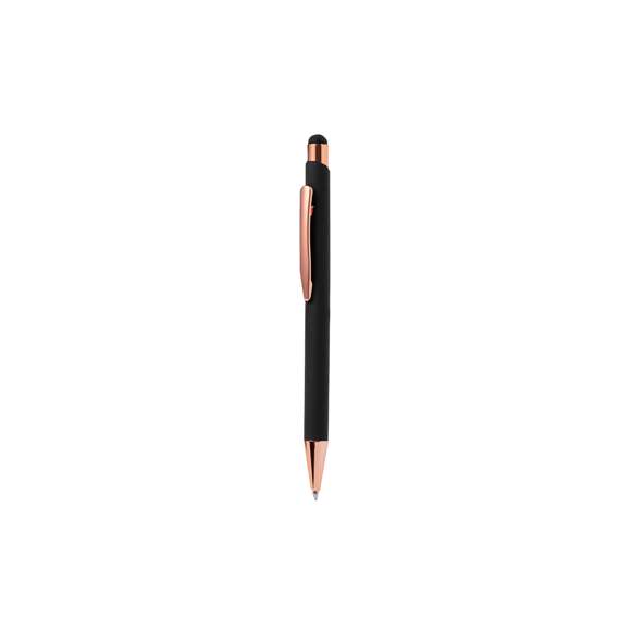 Bolígrafo puntero de tacto goma especialmente diseñado para el marcaje en láser con logotipo en color rosado. De mecanismo pulsador, con clip metálico y accesorios en acabado cobre. Cuerpo disponible en 4 distinguidos colores, de cartucho jumbo y en tinta azul.Presentado en elegante caja de diseño negra.