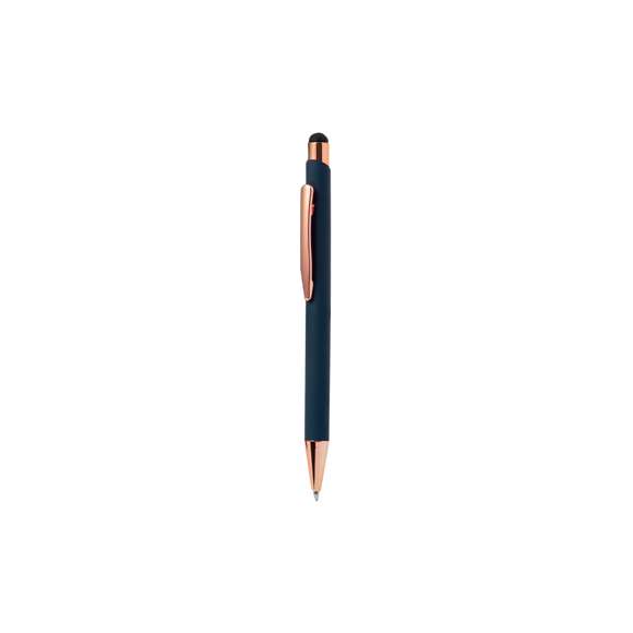 Bolígrafo puntero de tacto goma especialmente diseñado para el marcaje en láser con logotipo en color rosado. De mecanismo pulsador, con clip metálico y accesorios en acabado cobre. Cuerpo disponible en 4 distinguidos colores, de cartucho jumbo y en tinta azul.Presentado en elegante caja de diseño negra.