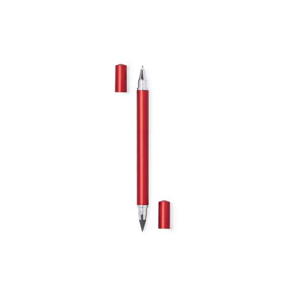 Bolígrafo lápiz eterno 2 en 1. Con cierre de capucha, incluye bolígrafo en un extremo (carga jumbo y tinta azul), y lápiz eterno en el otro extremo, para así usar siempre el mismo lápiz y no generar residuos. Cuerpo en resistente ABS de acabado metalizado. Disponible en amplia gama de colores.