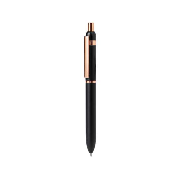 Elegante bolígrafo especialmente diseñado para el marcaje en láser con logotipo en color rosado. De mecanismo pulsador, clip metálico y accesorios en acabado cobre, con detalles plásticos en acabado rosado. Con cartucho jumbo y en tinta azul. Disponible en dos distintivos colores.Presentado en elegante caja de diseño negra.