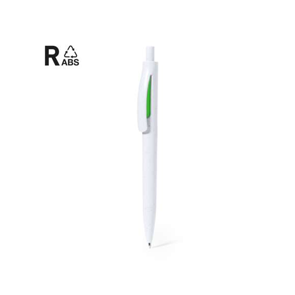Bolígrafo de mecanismo pulsador fabricado en ABS reciclado. Con accesorios en vivos colores y cuerpo de suave acabado en color blanco sólido. Distintivo ABS reciclado en la parte superior del bolígrafo. En tinta azul.