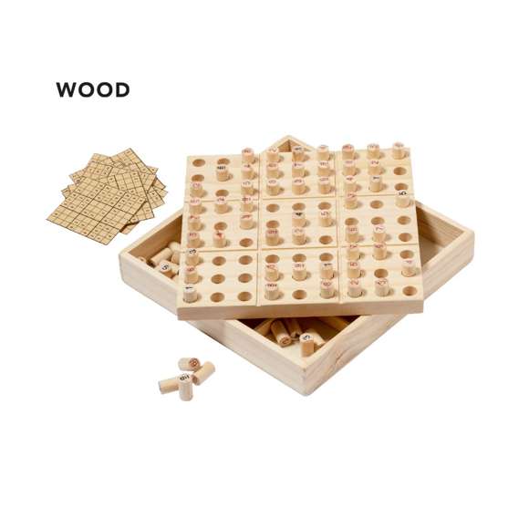 Juego de habilidad sudoku fabricado en resistente madera. Incluye 81 fichas de madera numeradas y 10 cartas. Con reglas del juego en español e inglés. Presentado en estuche de madera con tapa-tablero.